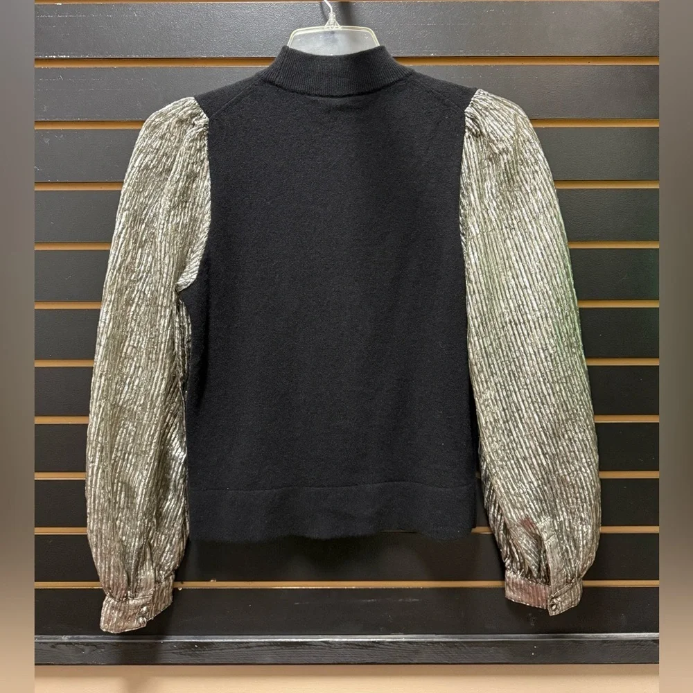 Tory Burch Crinkle Lamé Sleeve Mock Neck Sweater Black Size M